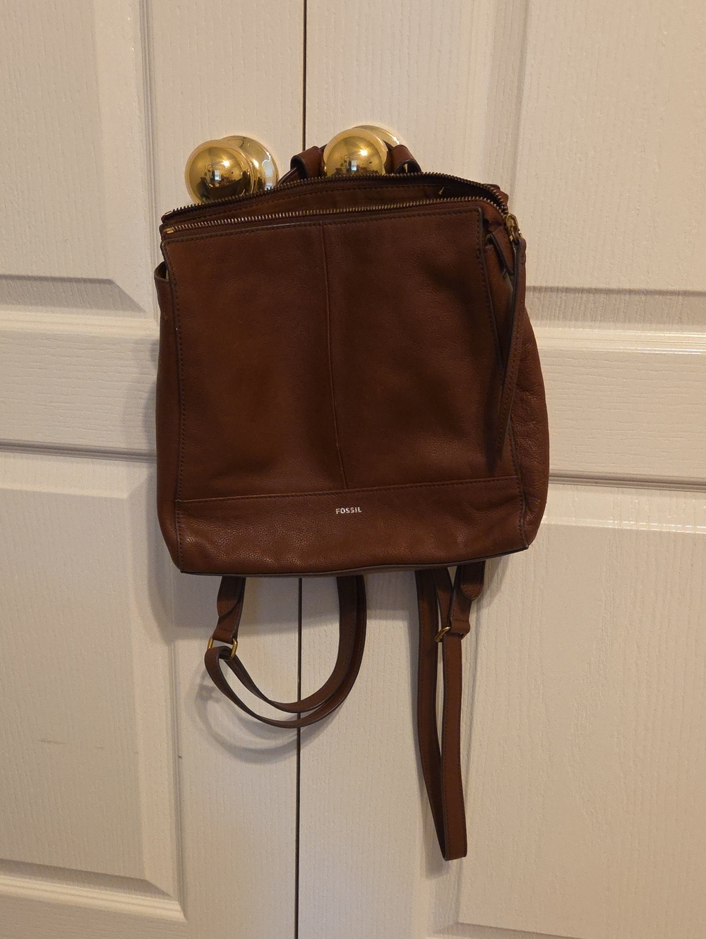 Fossil Brown Leather Backpack with Gold Hardware